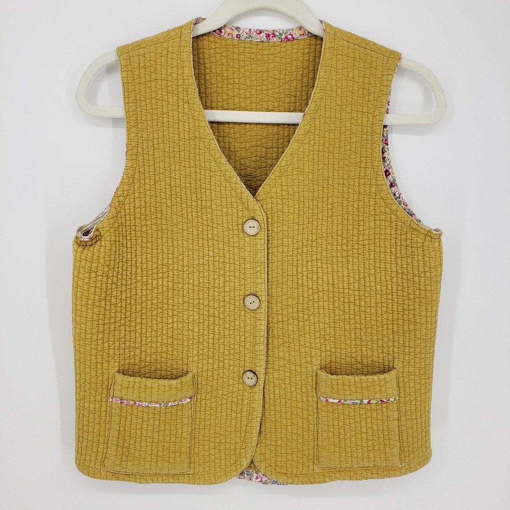 Vintage Handmade Quilted Vest Mustard Yellow Floral Lined Button Front Size S
